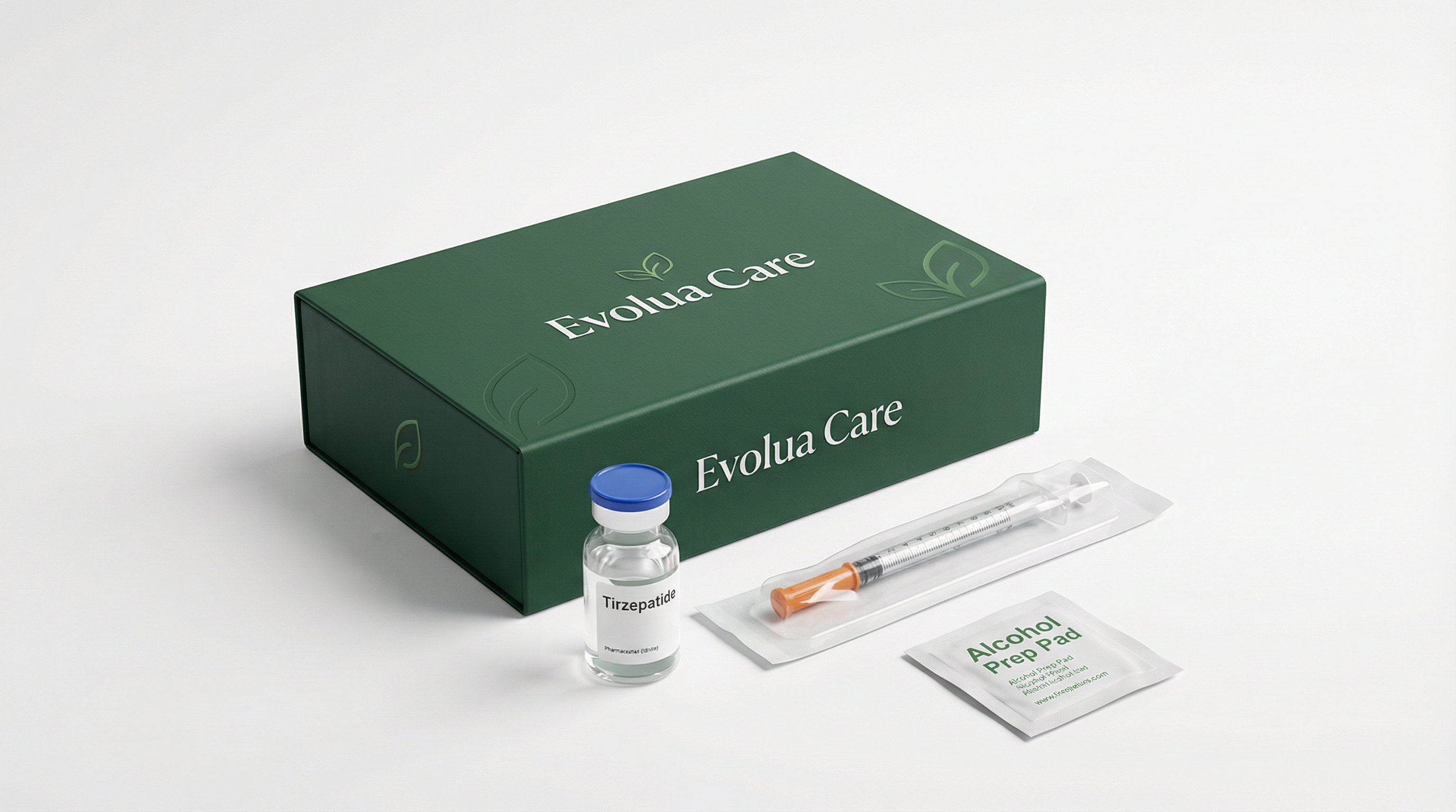 Kit Tirzepatide Evolua Care - Caixa verde premium com frasco de medicamento, seringa e acessórios